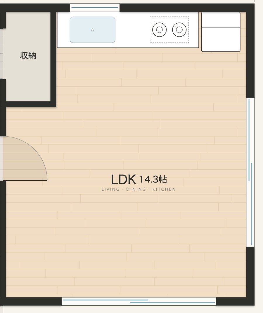 作例のLDKとキッチンの拡大。床材の表現、キッチンの設備、ドアの開く向き、窓の位置