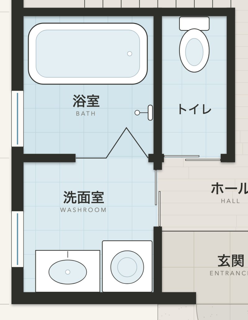 作例の水まわりの拡大。浴室、洗面室、トイレ、洗面台と洗濯機